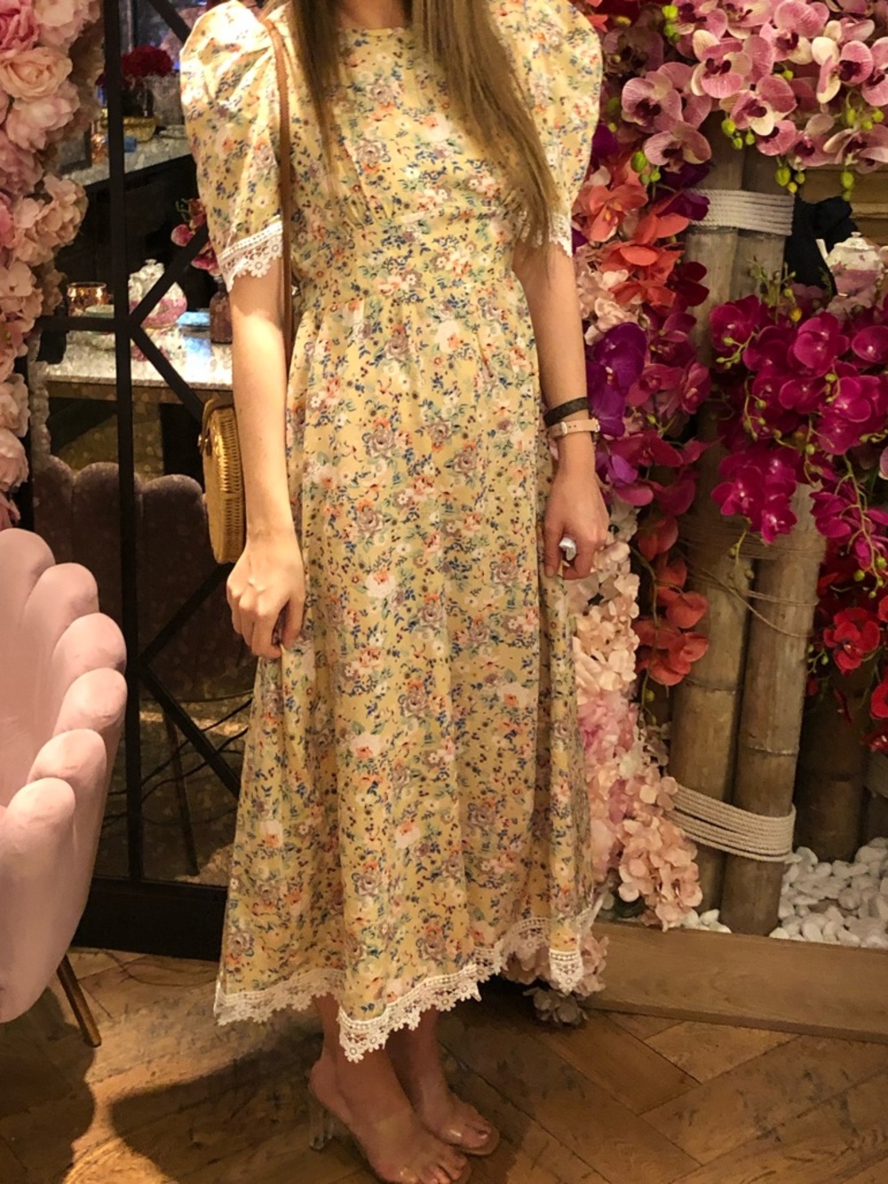 SHEIN Yellow Floral Lace-Trim Maxi Dress
